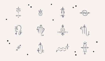 Vector flat and simple set of astrological signs with flowers and leaves isolated on white background. Hand drawing