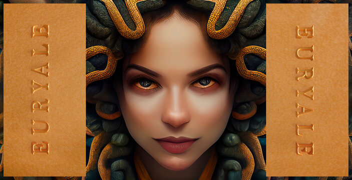 Euryale Goddess. Gorgon Amazon from Greek Mythology. Female monster, protective deity. Serpent belt, power to petrify. Daughter of Phorcys and Ceto.