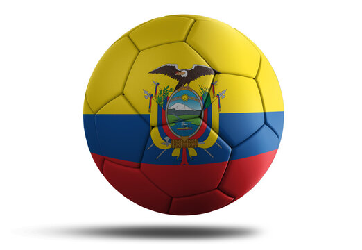 ecuador flag football ball for 2022 Soccer World Cup. Ecuadorian country flag on a hovering ball on isolated transparent background