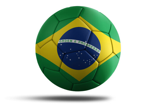 Brazil flag football ball for 2022 Soccer World Cup. Brazilian country flag on a hovering ball on isolated transparent background