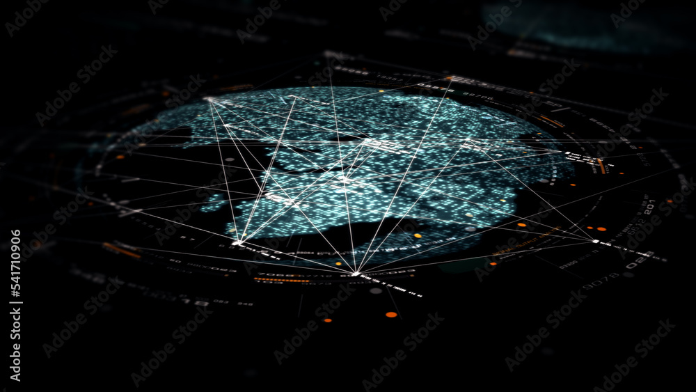 Poster Futuristic digitally generated 3d holographic planet Earth in 360 degree rotation for head up display and user interface design