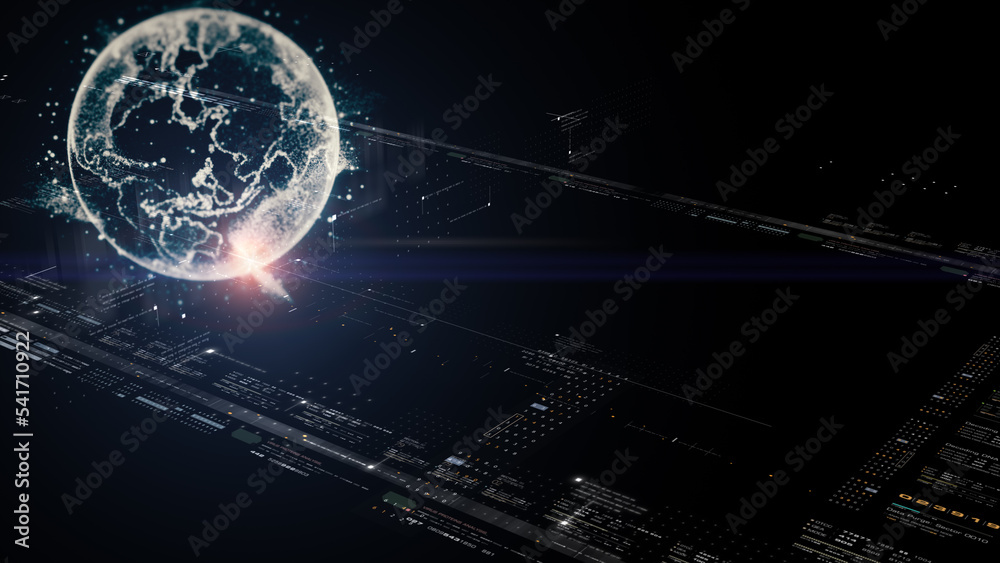 Poster Futuristic digitally generated 3d holographic planet Earth in 360 degree rotation for head up display and user interface design