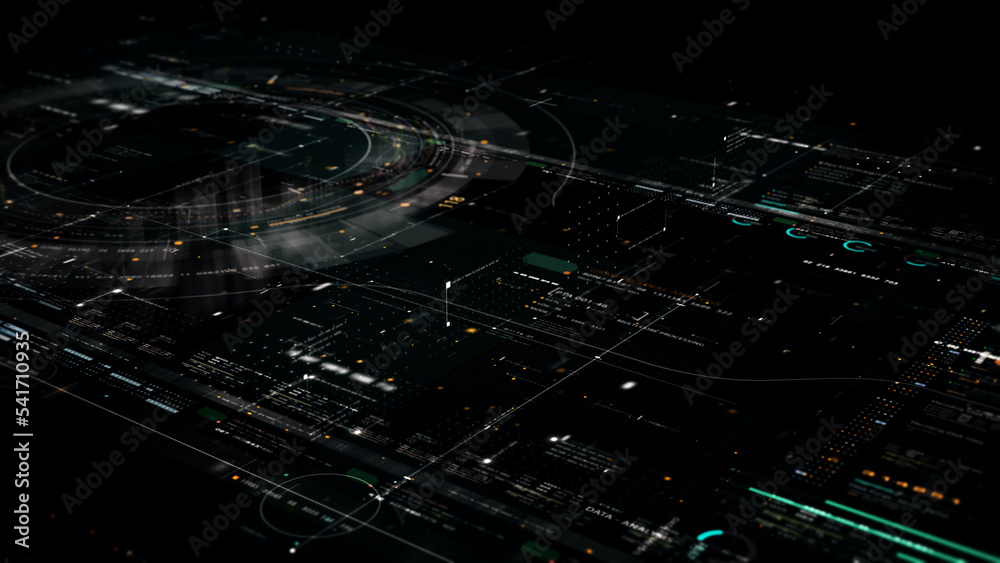 Poster Futuristic digitally generated 3d holographic planet Earth in 360 degree rotation for head up display and user interface design