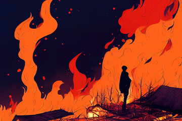 an anime illustration of a person standing in front of a big burning fire scenery