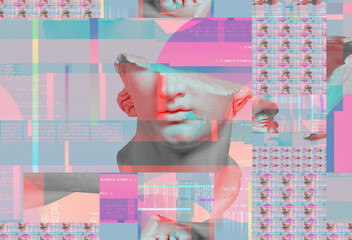 3D portrait of an antique sculpture with a glitch effect. Cyberpunk style. Conceptual disease of artificial intelligence. Virtual reality. Deep learning and suspicion systems.