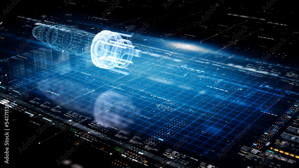 Poster Futuristic motion graphic user interface head up display screen with digital hologram Nuclear Fusion energy simulator and data telemetry information display for digital background
