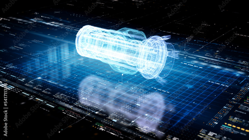 Aufkleber Futuristic motion graphic user interface head up display screen with digital hologram Nuclear Fusion energy simulator and data telemetry information display for digital background