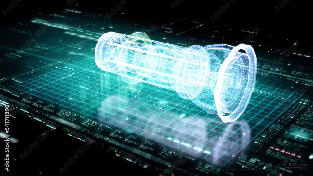 Fototapete Futuristic motion graphic user interface head up display screen with digital hologram Nuclear Fusion energy simulator and data telemetry information display for digital background