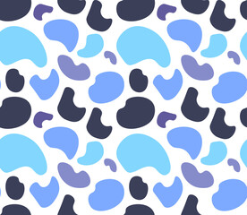 Geometric Seamless pattern of simple shape with blue pebbles, dots, spots, blots on a white background. Vector illustration.