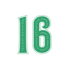 Number 16 lettering design with color
