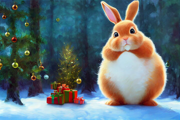 cute fluffy christmas bunny in new year forest with christmas gifts, cartoon character