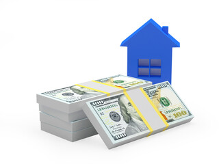 Blue house icon with stacks of dollar bills. 3D illustration