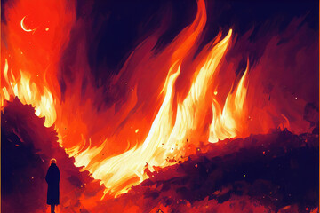 a person standing in front of burning land, illustration