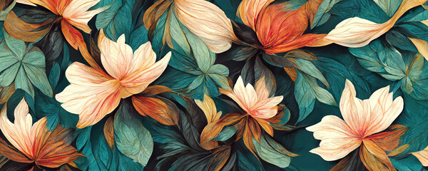 Horizontal Seamless Leaf Watercolor Background - obrazy, fototapety, plakaty