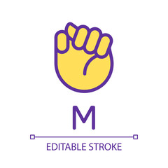 Letter M in American sign language pixel perfect RGB color icon. Nonverbal communication system. Isolated vector illustration. Simple filled line drawing. Editable stroke. Arial font used