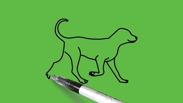 Draw running dog in blue color combination with black outline on abstract green background
