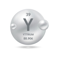 Yttrium molecule models silver and chemical formulas scientific element. Natural gas. Ecology and biochemistry concept. Isolated spheres on white background. 3D Vector Illustration.