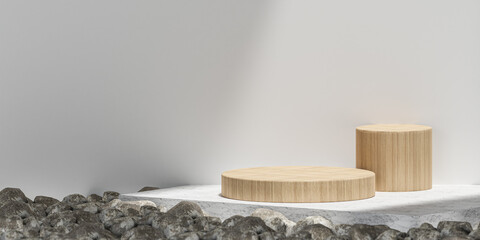 Abstract minimal scene with geometric forms. Cylinder wood podium stage in white background. for show product cosmetic presentation, mock up, 3d rendering illustration