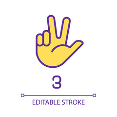 Signing digit three in ASL pixel perfect RGB color icon. Nonverbal communication system. Gesturing. Isolated vector illustration. Simple filled line drawing. Editable stroke. Arial font used