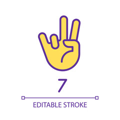 Obraz premium Digit seven sign in ASL pixel perfect RGB color icon. Number visual modality. Communication way. Isolated vector illustration. Simple filled line drawing. Editable stroke. Arial font used