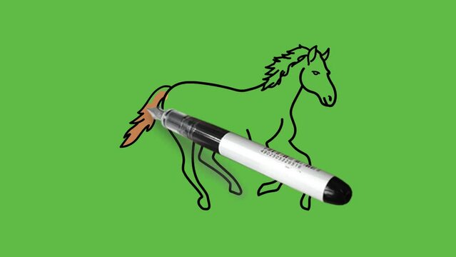 Draw running horse in light and dark brown, pink, white and grey color combination with black outline on abstract green background
