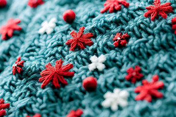 Close up on a blue knitted sweater with winter elements