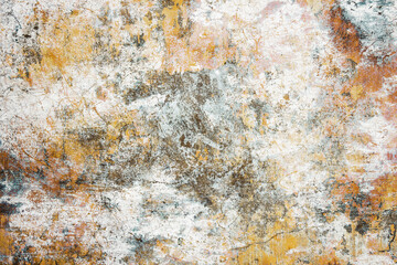 Grunge scratched concrete wall background.	Stained and cracked surface texture.