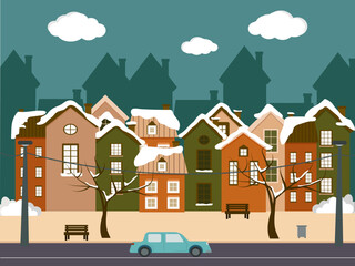 Winter cityscape with buildings, trees. Cityscape with skyscrapers and snow. Winter city concept. For websites, wallpapers, posters or banners. Vector flat illustration.