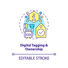 Digital tagging and ownership concept icon. Property right. Trend in NFT space abstract idea thin line illustration. Isolated outline drawing. Editable stroke. Arial, Myriad Pro-Bold fonts used
