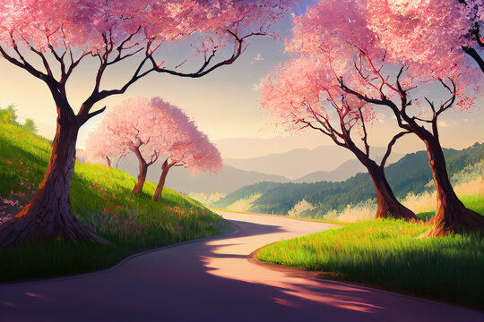 an unexplored road with pink cherry trees, illustration