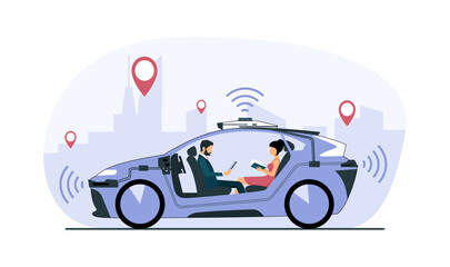 Self-driving car with a man and a woman rides around the city. Vector illustration.