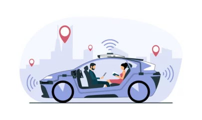 Stof per meter Self-driving car with a man and a woman rides around the city. Vector illustration. © lyudinka