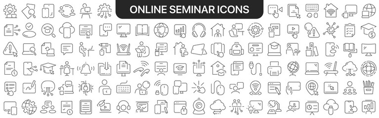 Online seminar icons collection in black. Icons big set for design. Vector linear icons