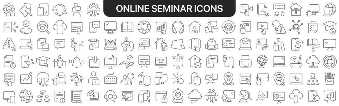 Online seminar icons collection in black. Icons big set for design. Vector linear icons