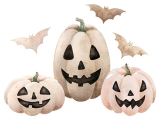 Watercolor halloween composition of pumpkins and bats, isolated on transparent background