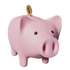 3D closeup of a piggy bank with golden coins. PNG