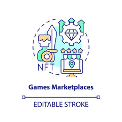 Games marketplaces concept icon. Specified collections. NFT selling platform category abstract idea thin line illustration. Isolated outline drawing. Editable stroke. Arial, Myriad Pro-Bold fonts used