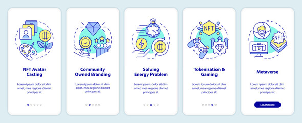 Important NFT trends onboarding mobile app screen. Marketing walkthrough 5 steps editable graphic instructions with linear concepts. UI, UX, GUI template. Myriad Pro-Bold, Regular fonts used