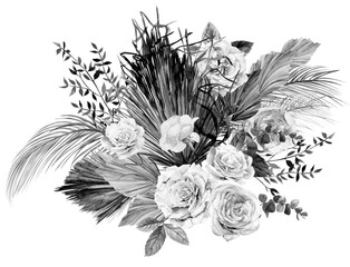 Watercolor black and white illustration with a bouquet with flowers of light roses and dried flowers and palm leaves isolated on a white background