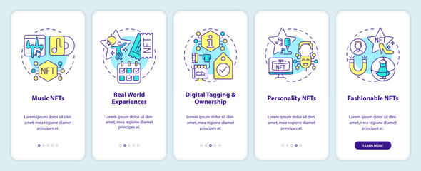 Trends in NFT space onboarding mobile app screen. Development walkthrough 5 steps editable graphic instructions with linear concepts. UI, UX, GUI template. Myriad Pro-Bold, Regular fonts used