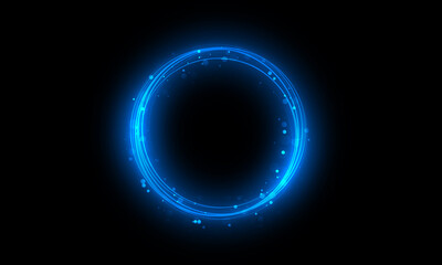 Circle light effect. Neon glowing circle with light rays. Frame isolated on black background