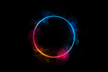 Circle light effect. Neon glowing circle with light rays. Frame isolated on black background