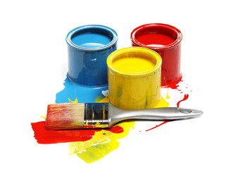 Open colorful paint buckets, can with paintbrush and spilled dye isolated on white 