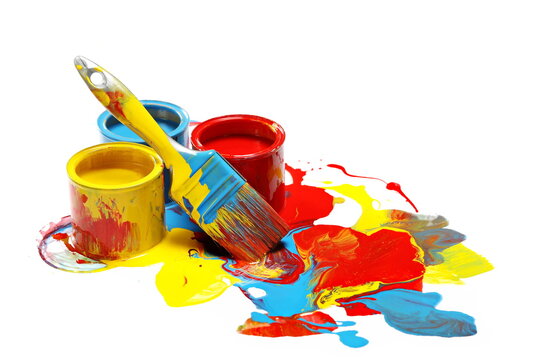 Open colorful paint buckets, can with paintbrush and spilled dye isolated on 