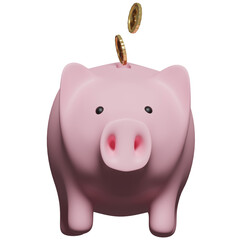 3D closeup of a piggy bank with golden coins. PNG