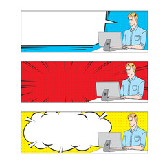 アメコミタッチのパソコンを操作する白人