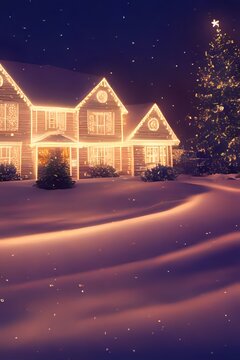 House decorated with white lights for Christmas