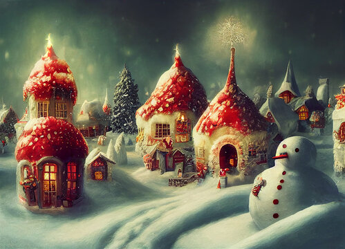 Little Winter Christmas Town, Whimsical Art, Digital Art, Illustration