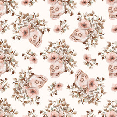 Watercolor seamless pattern in brown tones with skull and leaves
