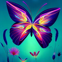 Fototapeta na wymiar illustration of colorful butterfly among flowers